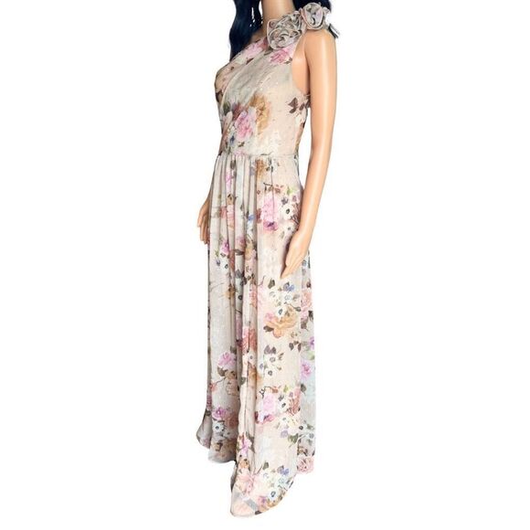 NWT Adrianna Papell Champagne Multi Nude Floral One Shoulder Gown Bridesmaid - Picture 7 of 10
